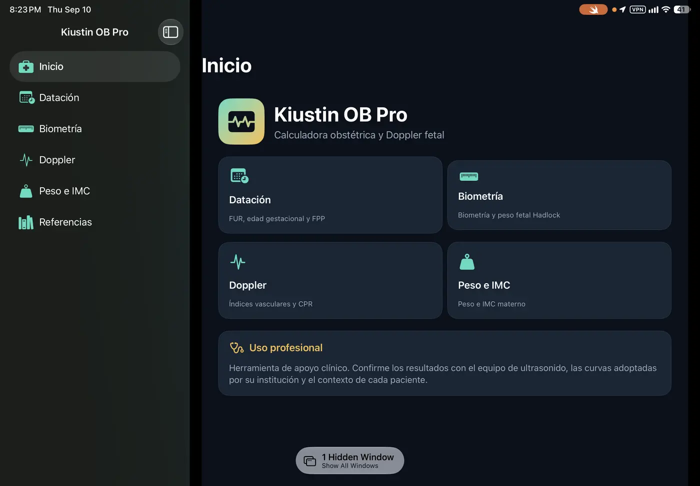 Pantalla principal de Kiustin OB Pro
